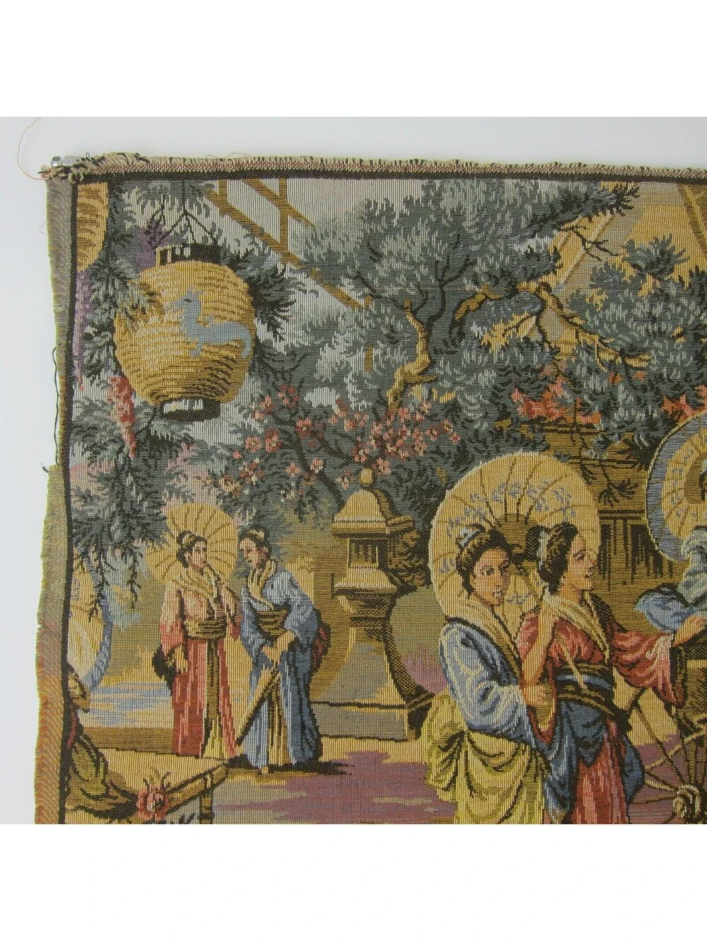 Vintage French Tapestry Japanese Geisha Parasol Cart Pagoda with Rod 25 x 19